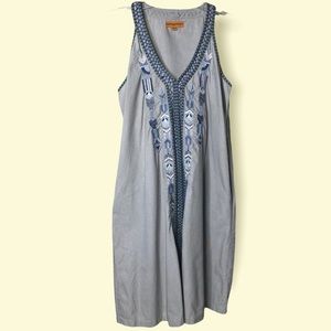 Roberta Freymann linen embroidered sleeveless shift dress with pockets XS